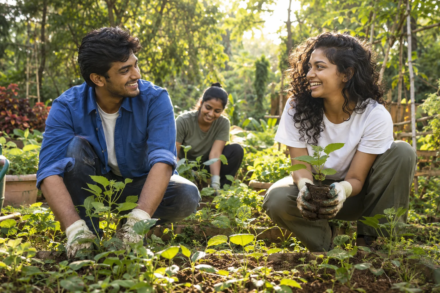 Young volunteers sharing a joyful moment in a community garden